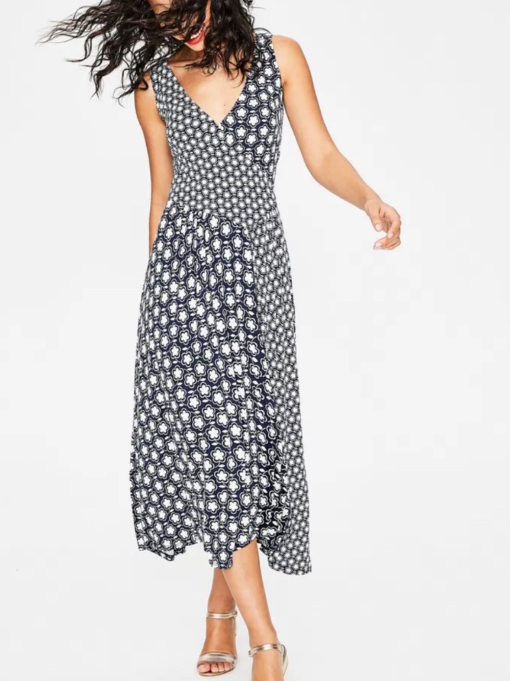 Boden Jennifer Dress Jersey Knit Navy Blue White Sleeveless Stretch Midi Length